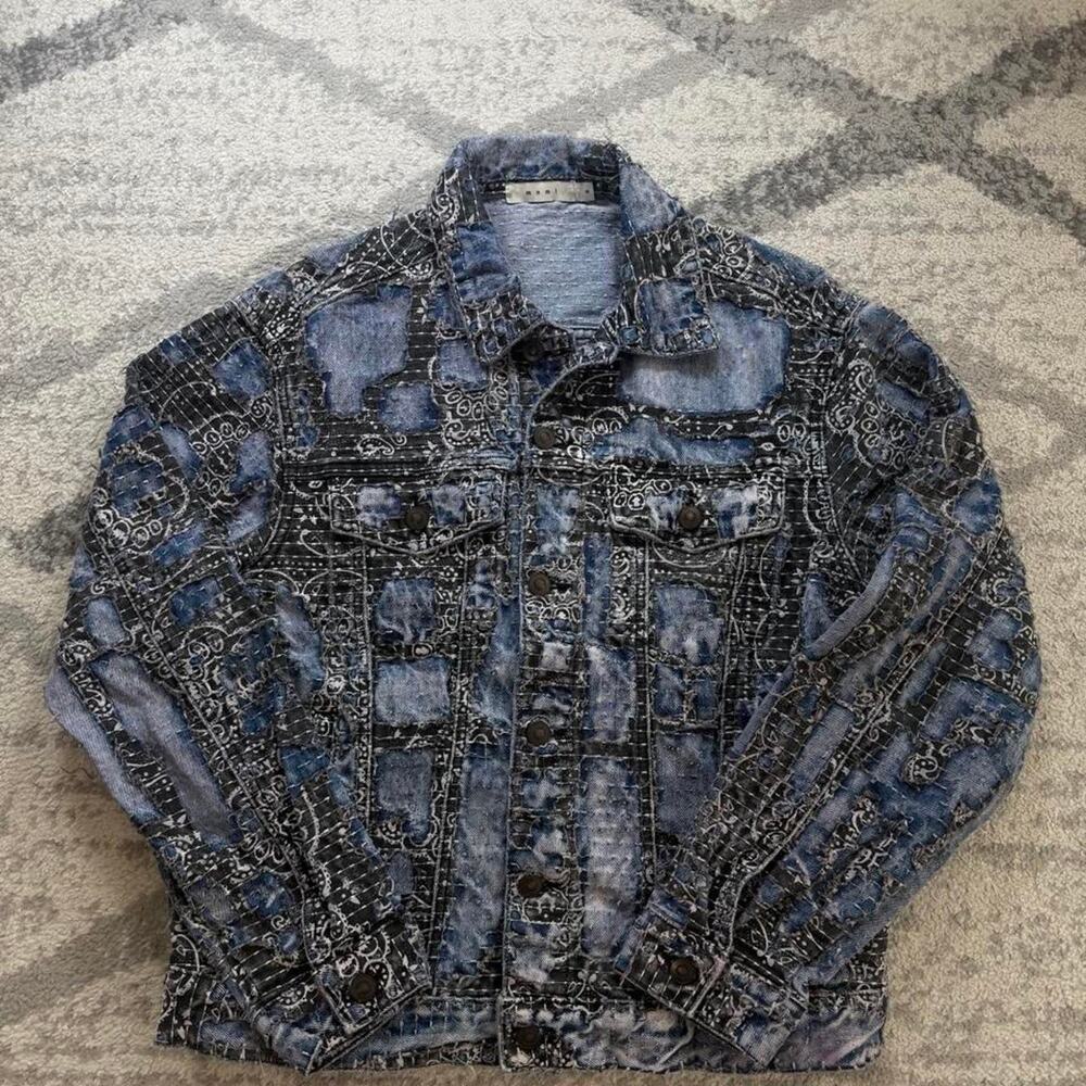 MNML Boro Paisley Denim Jacket Size medium.  red on front Waist area (pictured)